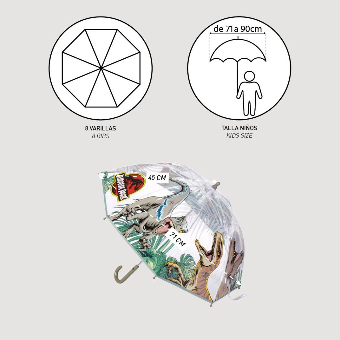 Cerda Jurassic Park Παιδική Ομπρέλα Μπαστούνι Διάφανη με Διάμετρο 71εκ. - Image 6