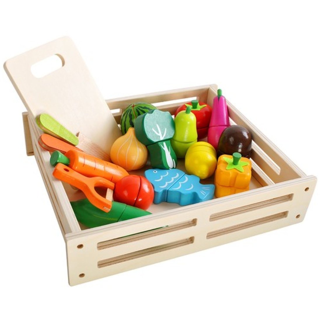 Σετ Ξύλινο Παιχνίδι Καφάσι 34 τεμαχίων με Λαχανικά, Φρούτα, Ξύλο Κοπής και Μαχαίρια, 23.5x26x6 cm - Image 13