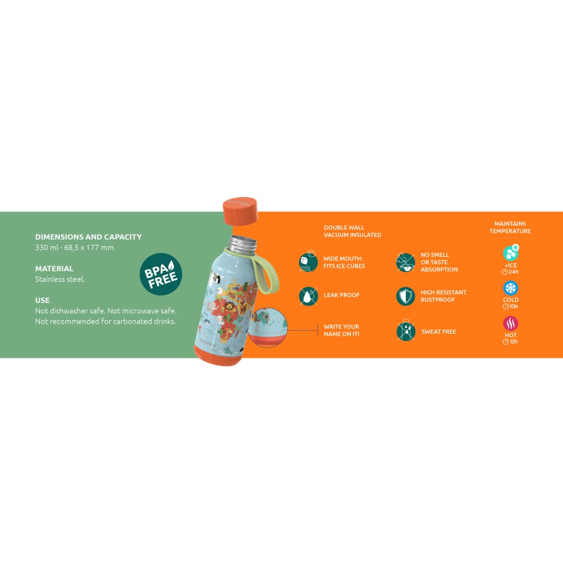 Quokka Ανοξείδωτο Παγούρι Θερμός Solid Dinosaurs σε Γαλάζιο χρώμα 330ml - Image 3