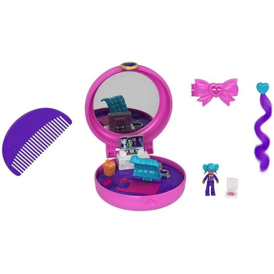 Mattel Polly Pocket Mini – Ο Κόσμος Της Polly Με Χτένα και Κλιπ για τα Μαλλιά Birthday Compact Playset Ροζ) - Image 2